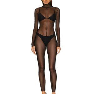 Norma Kamali Black Sheer Long Sleeve Turtle Catsuit Catsuit, S
